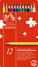 CARAN D ACHE Buntstifte Swisscolor, 12er Metalletui aus Zedernholz, hexagonaler Schaft, Minenstärke: 2.8 mm, wasserlöslich, weiche Mine, bruchtfest, wasservermalbar, Inhalt: 12 Stück (1285.712)